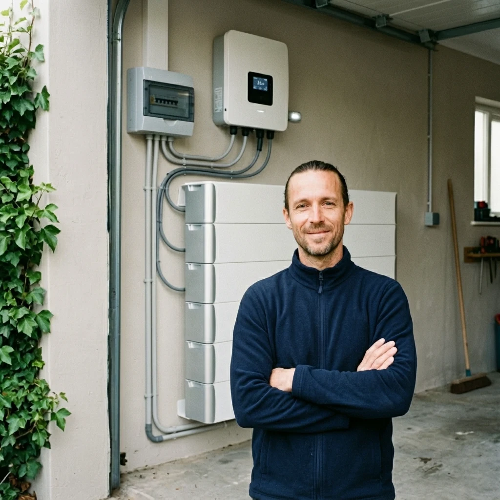 Installateur voor een geïnstalleerde thuisbatterij met omvormer in een garage